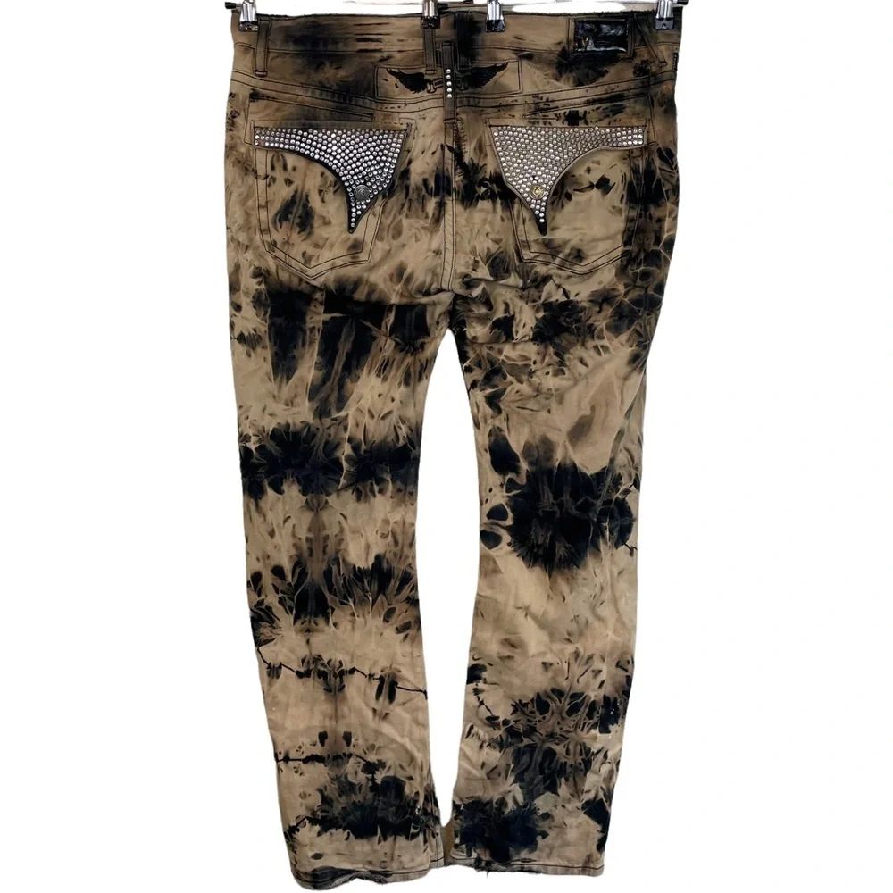 Robins Jean Long Flap Embellished Rhinestone Pocket Tye Dye Mens Size 40 Demim